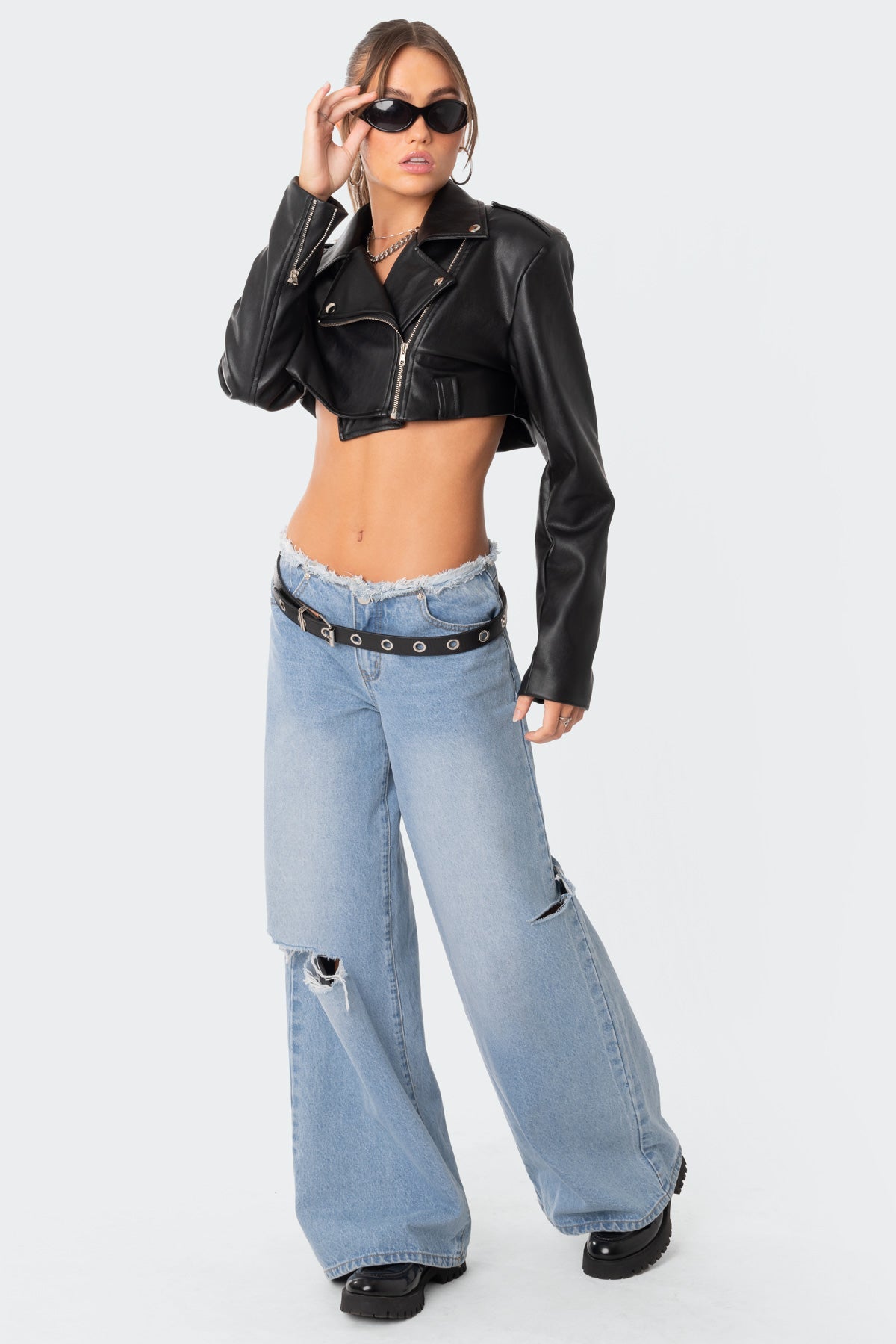 Fiona Cropped Faux Leather Biker Jacket