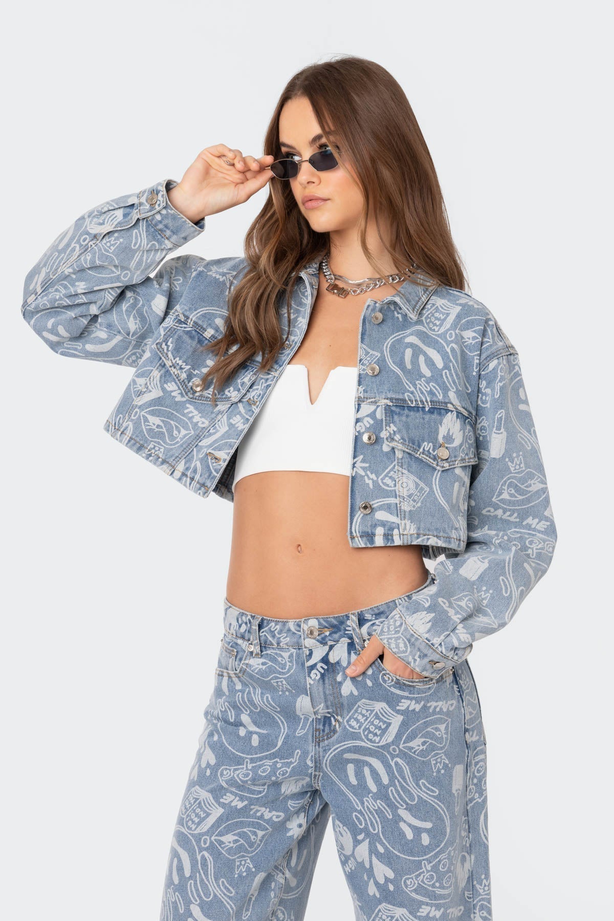 Malia Printed Denim Cropped Jacket