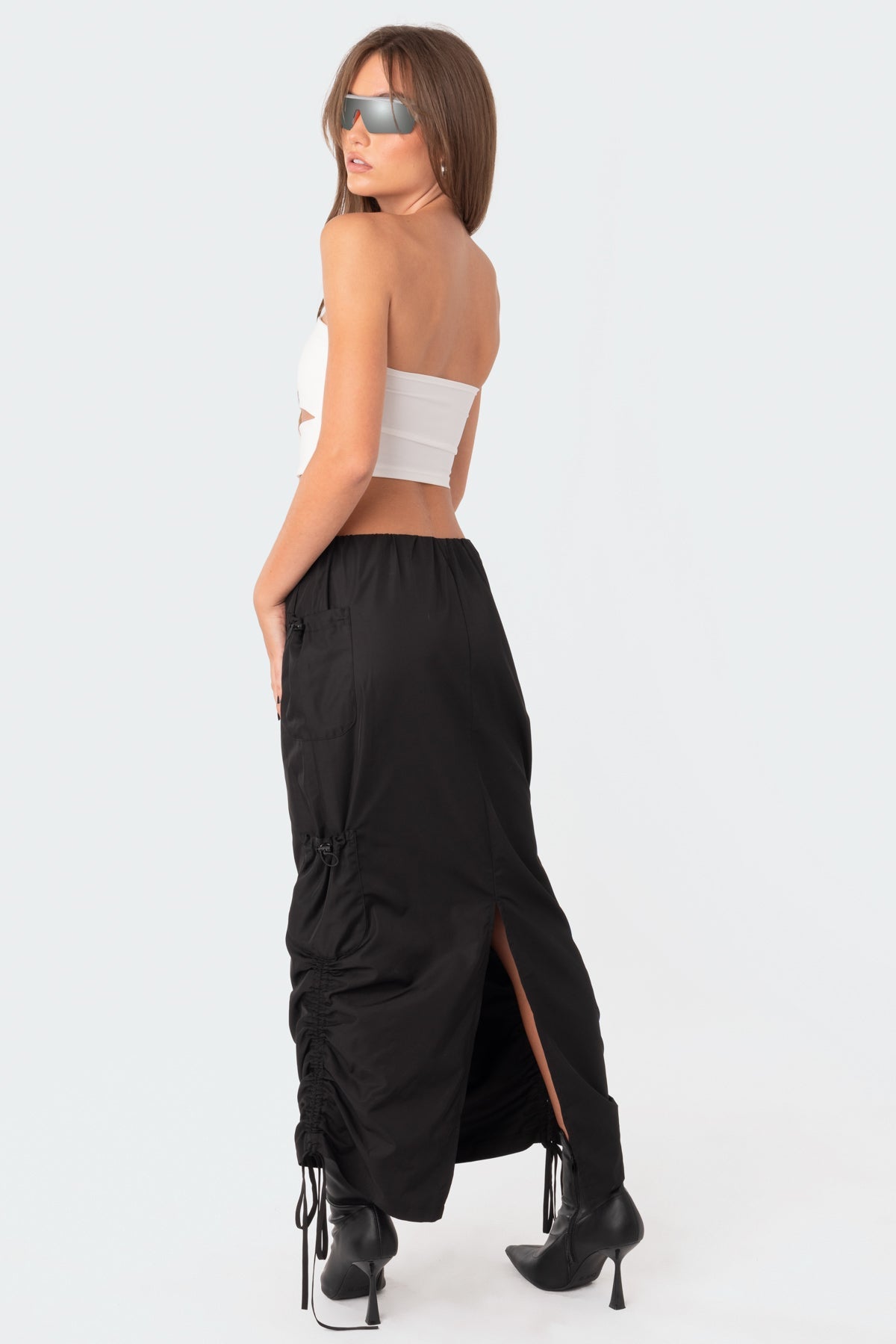 Low-Rise Slitted Nylon Maxi Skirt