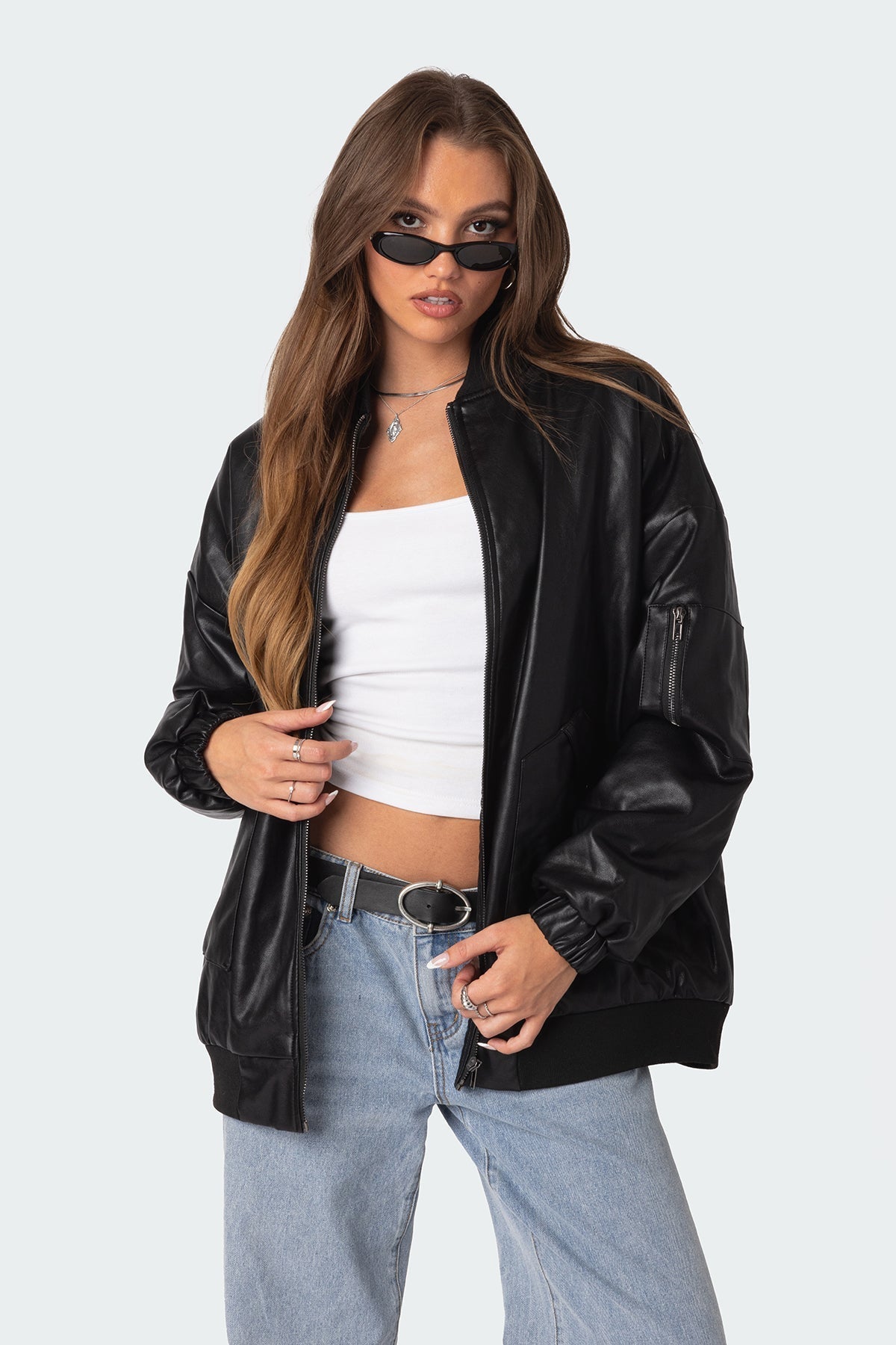 Faux Leather Oversized Bomber Jacket