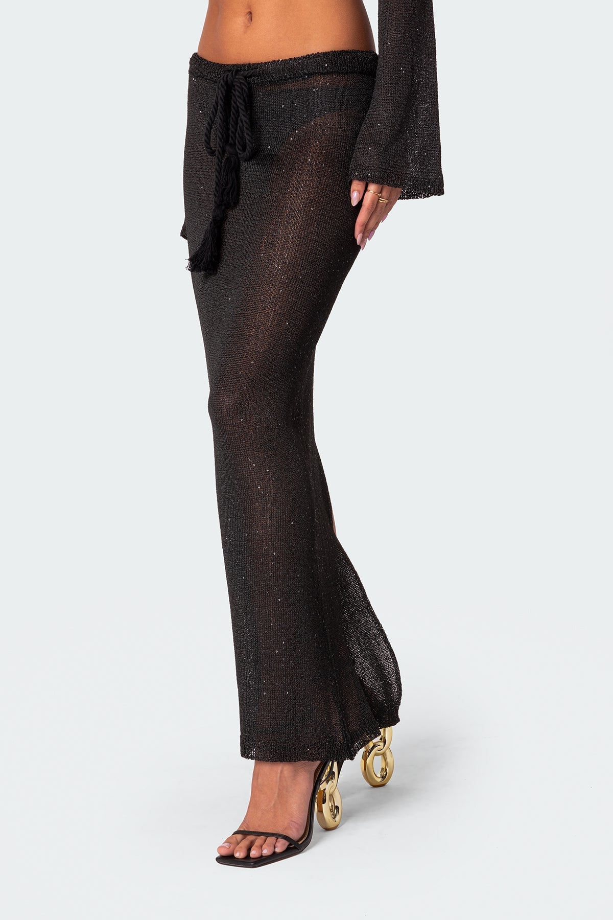 Micro Sequin Tassel Sheer Knit Maxi Skirt