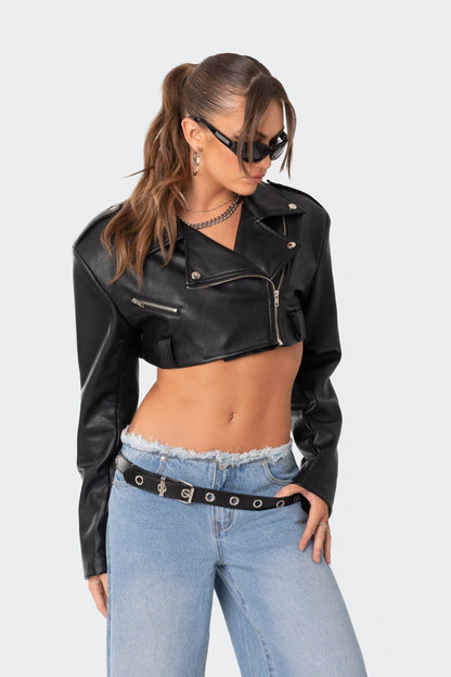 Fiona Cropped Faux Leather Biker Jacket
