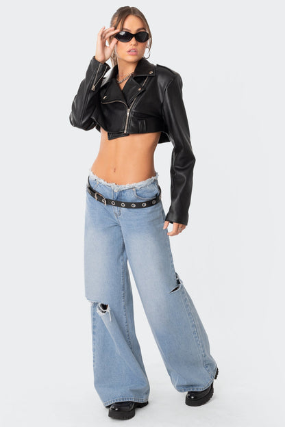 Fiona Cropped Faux Leather Biker Jacket