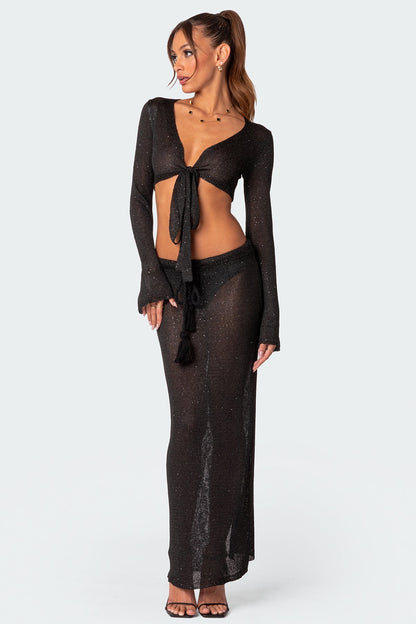 Micro Sequin Tassel Sheer Knit Maxi Skirt