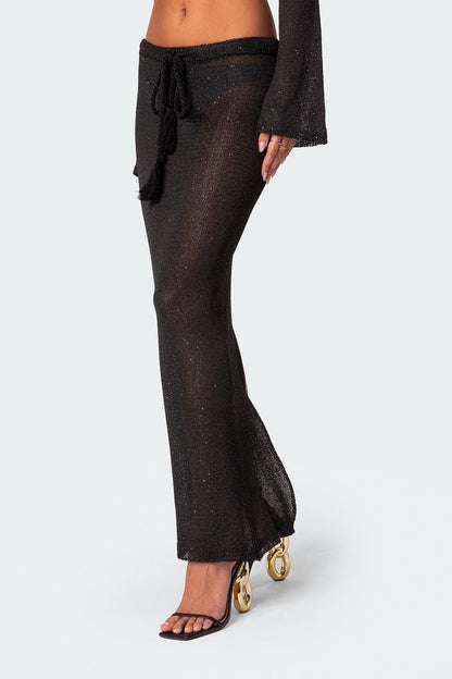 Micro Sequin Tassel Sheer Knit Maxi Skirt