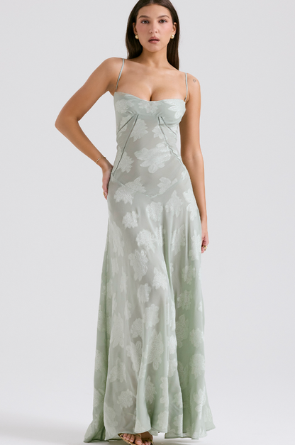 PISTACHIO FLORAL LACE BACK MAXI DRESS