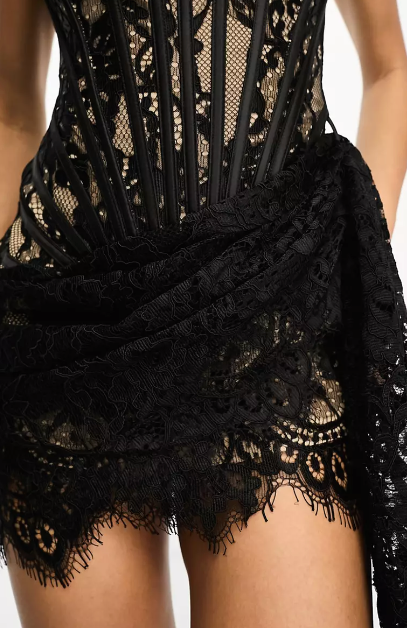 Heiress Beverly Hills premium lace drape corset mini dress in black