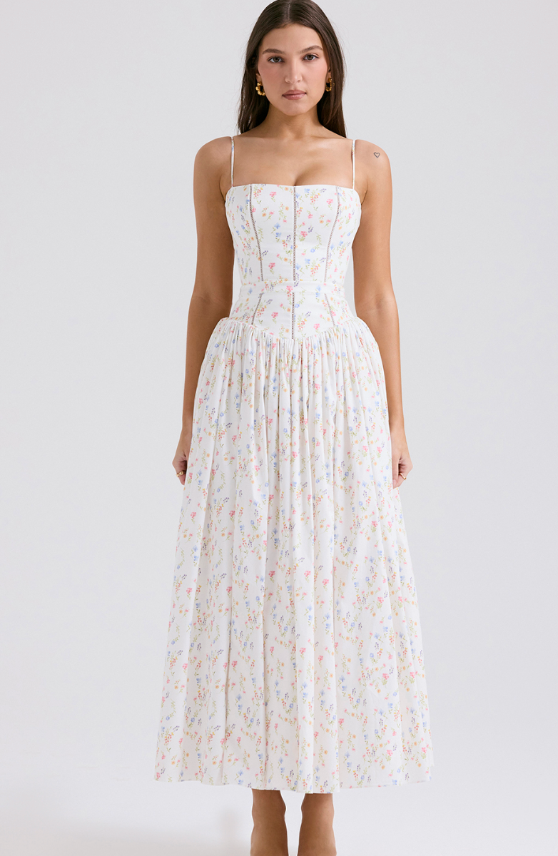 WHITE POSY PRINT COTTON MAXI SUNDRESS