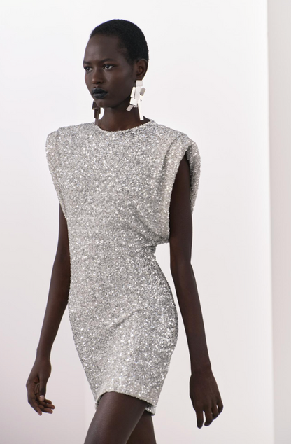 SHOULDER PADS SEQUIN DRESS