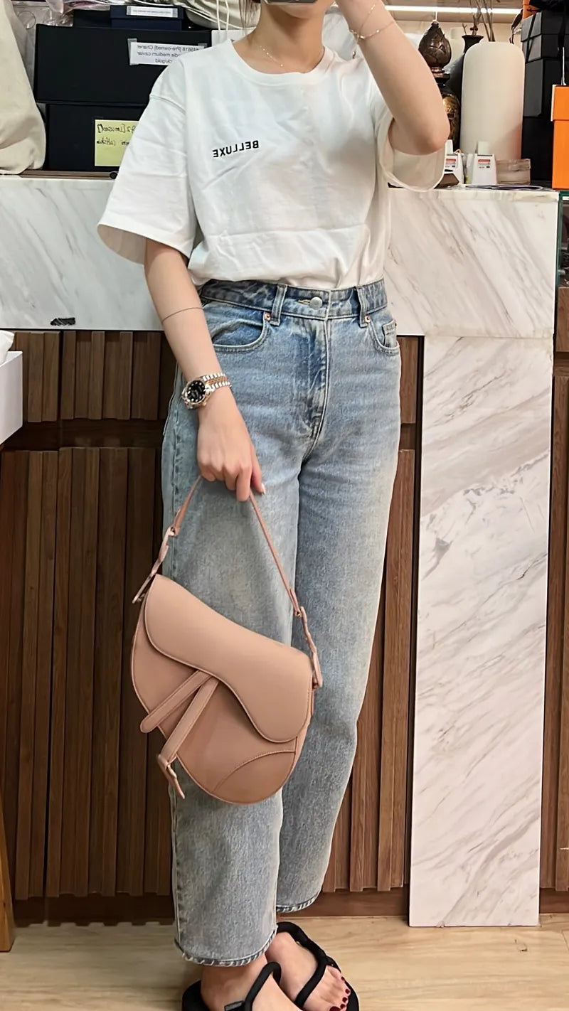 Saddle Style Shoulder Bag Nude Beige